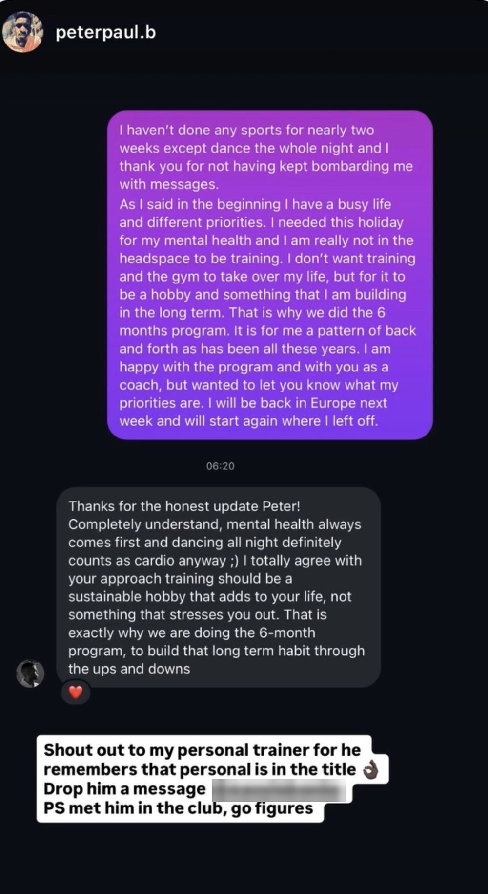 Screenshot of a message from Peter